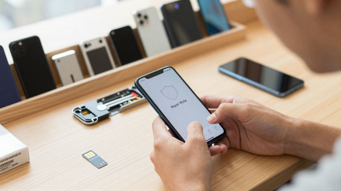 Pessoa segurando celular com tela mostrando "Repair Mode" em mesa com chips, ferramentas e vários celulares alinhados.