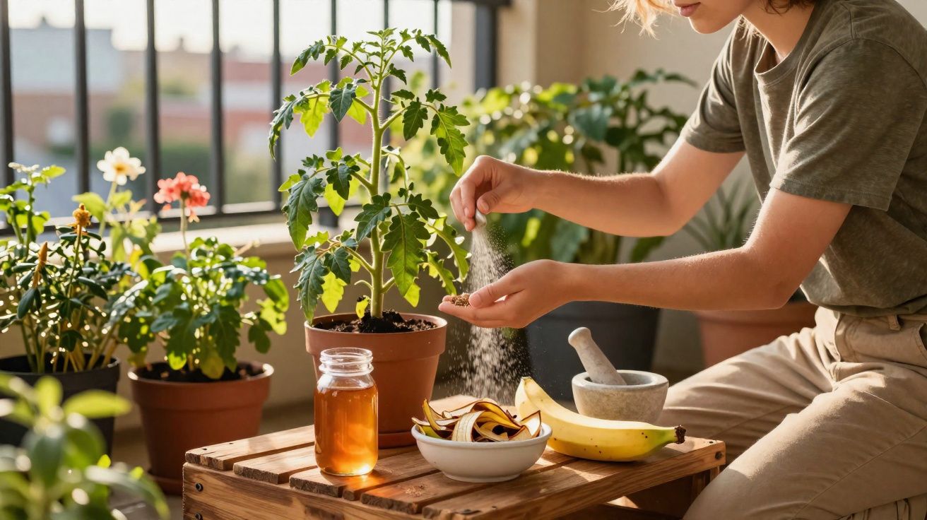 Pessoa aplicando pó branco em planta ao lado de mesa com mel, banana, cascas e pilão na varanda ensolarada.