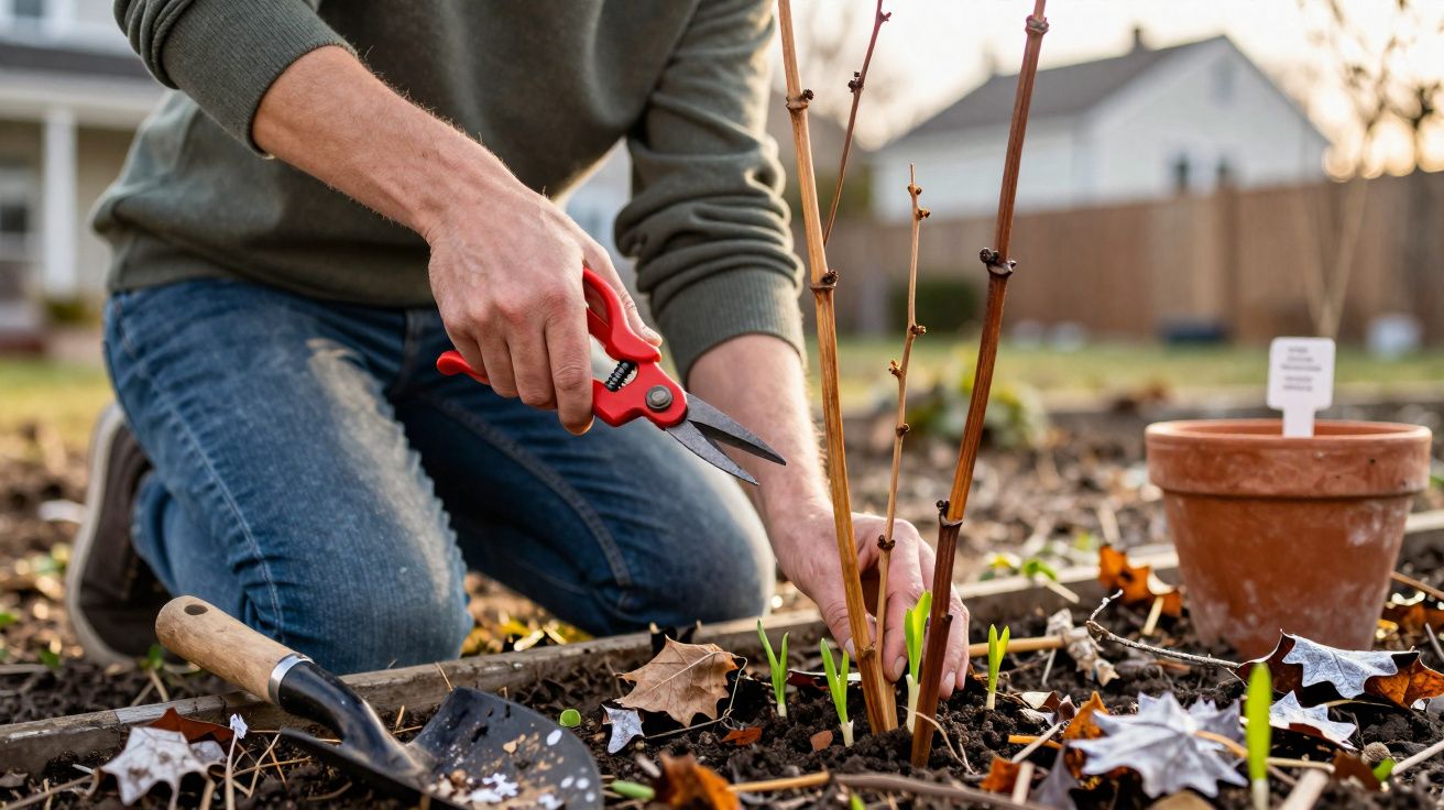 Pessoa podando galhos secos de planta jovem em jardim ao ar livre com tesoura de poda vermelha.