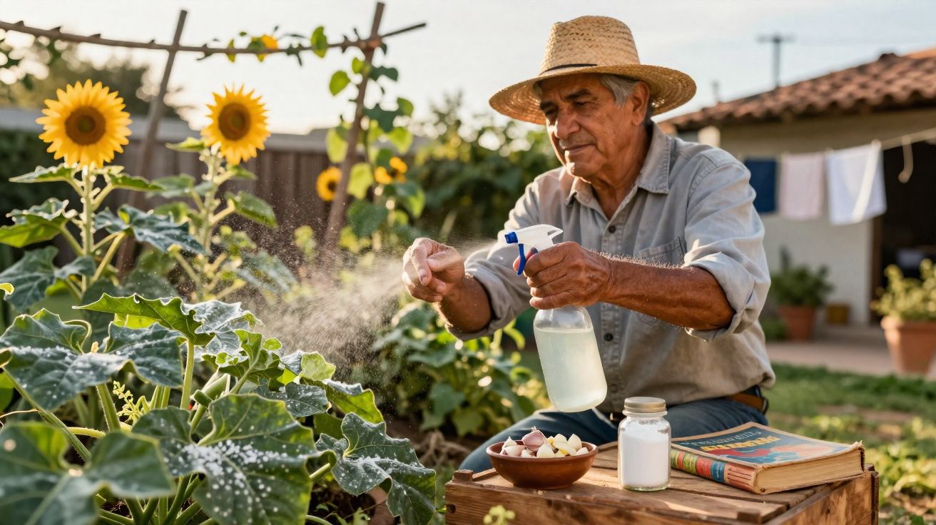 Idoso em chapéu regando plantas em jardim com flores de girassol ao fundo em ambiente rural.