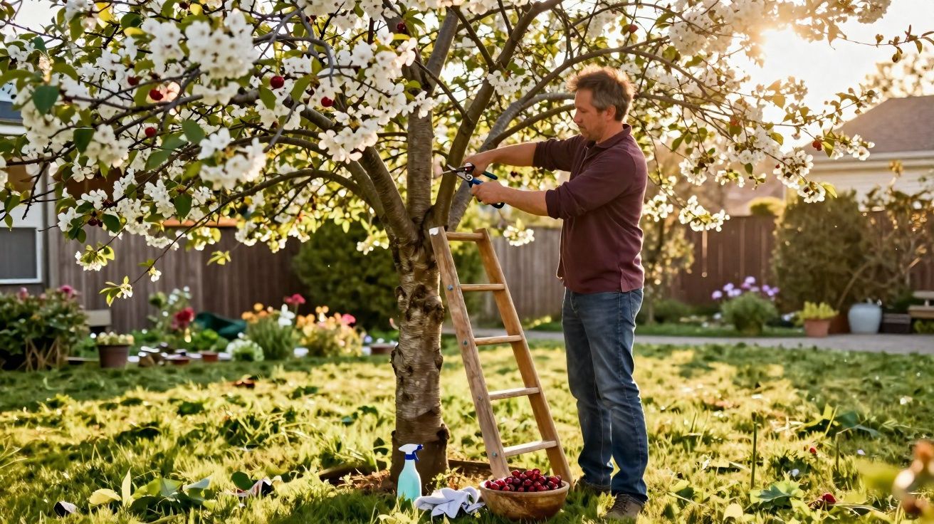 Homem podando galhos de árvore florida em jardim ensolarado, com escada e cesta de cerejas.