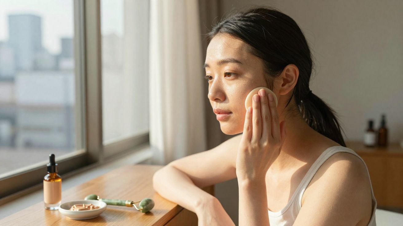Mulher aplica maquiagem com esponja perto de janela em ambiente com luz natural suave.