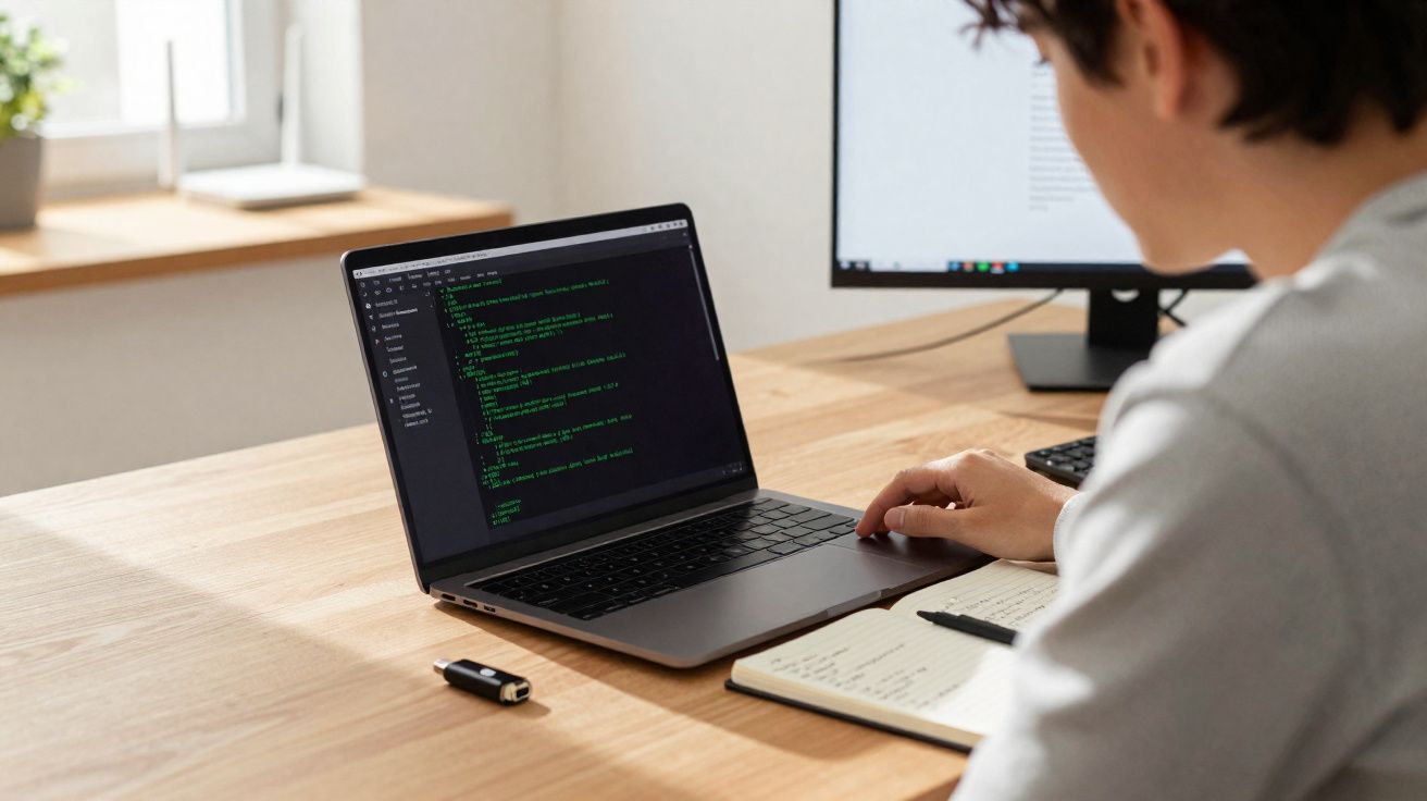 Pessoa programando em laptop e fazendo anotações em caderno em ambiente de trabalho com dois monitores.