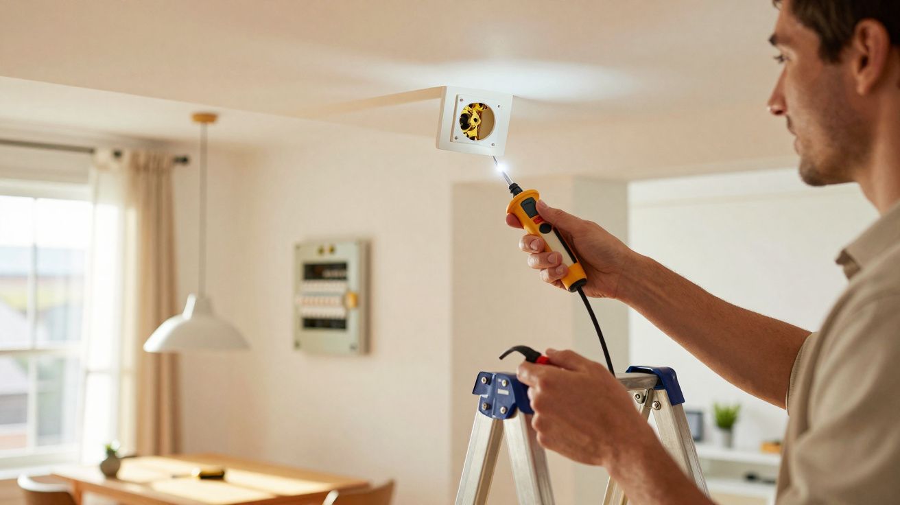 Homem usando ferramenta de teste para verificar tomada elétrica em casa.