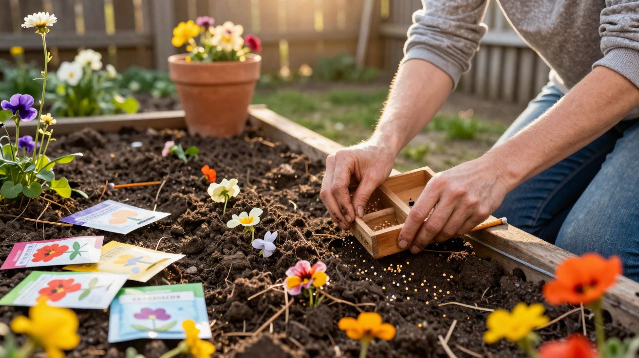 Pessoa sem identificação visível semeando sementes em canteiro de terra com flores coloridas ao redor.