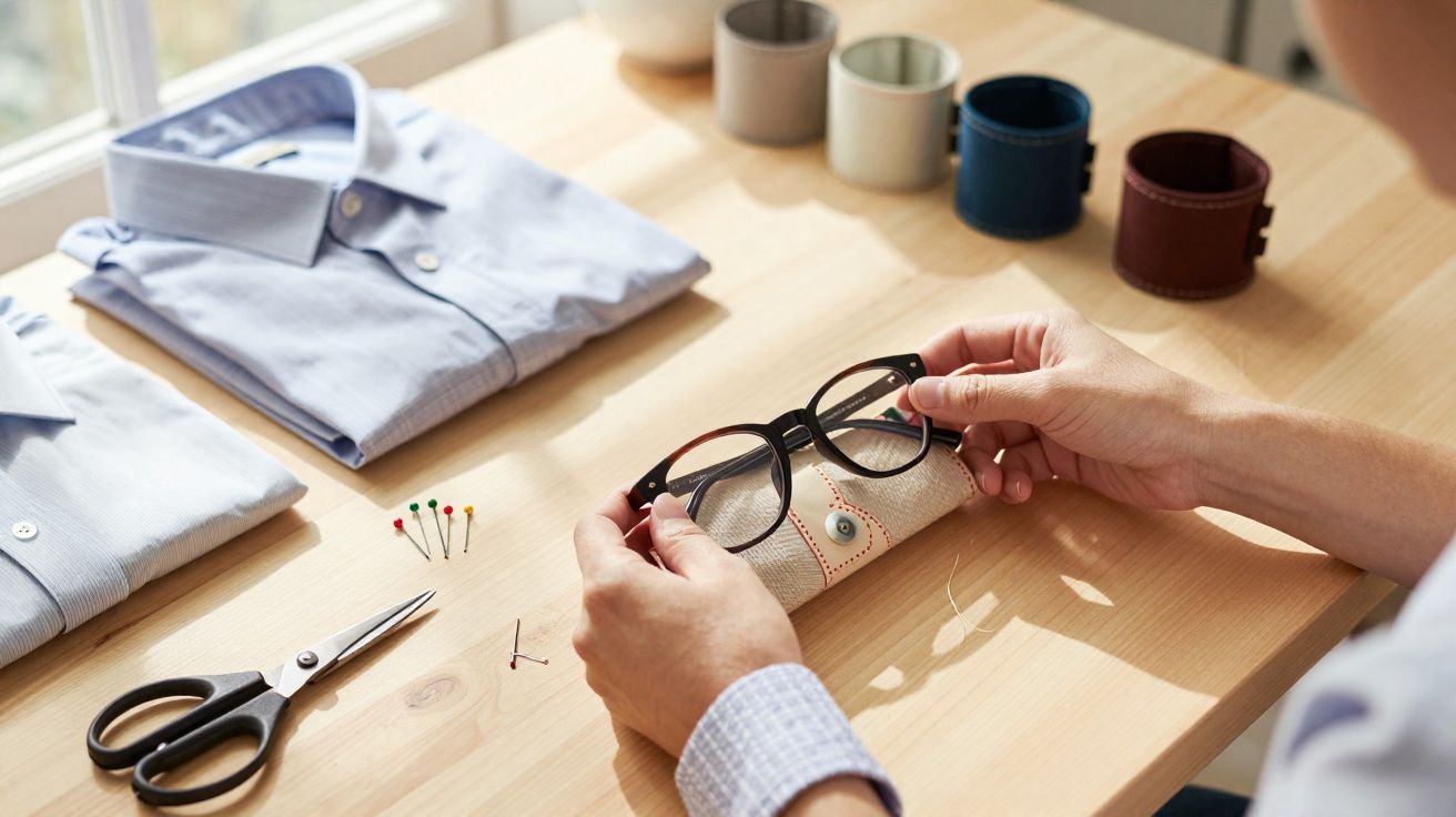 Pessoa segurando óculos sobre estojo de tecido em mesa com camisas, alfinetes coloridos e tesoura.