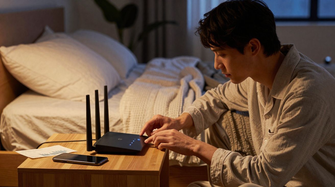 Homem ajusta roteador Wi-Fi no criado-mudo ao lado da cama em quarto com luz baixa à noite.