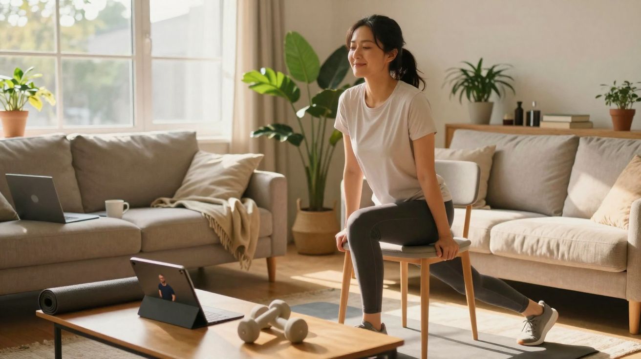 Mulher fazendo exercício de alongamento usando cadeira na sala de estar iluminada naturalmente.