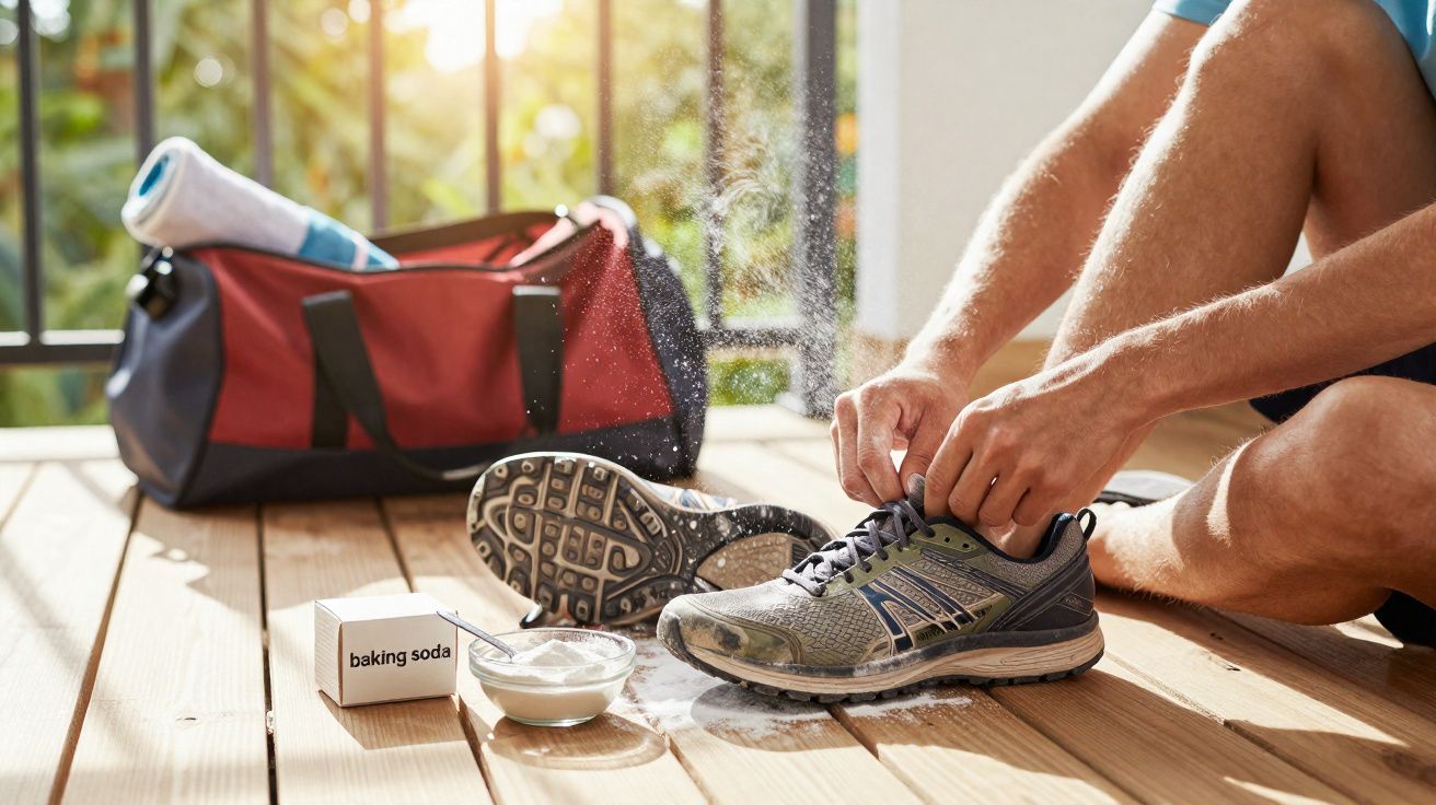 Pessoa amarrando tênis para corrida ao lado de bolsa esportiva e bicarbonato de sódio em pó.