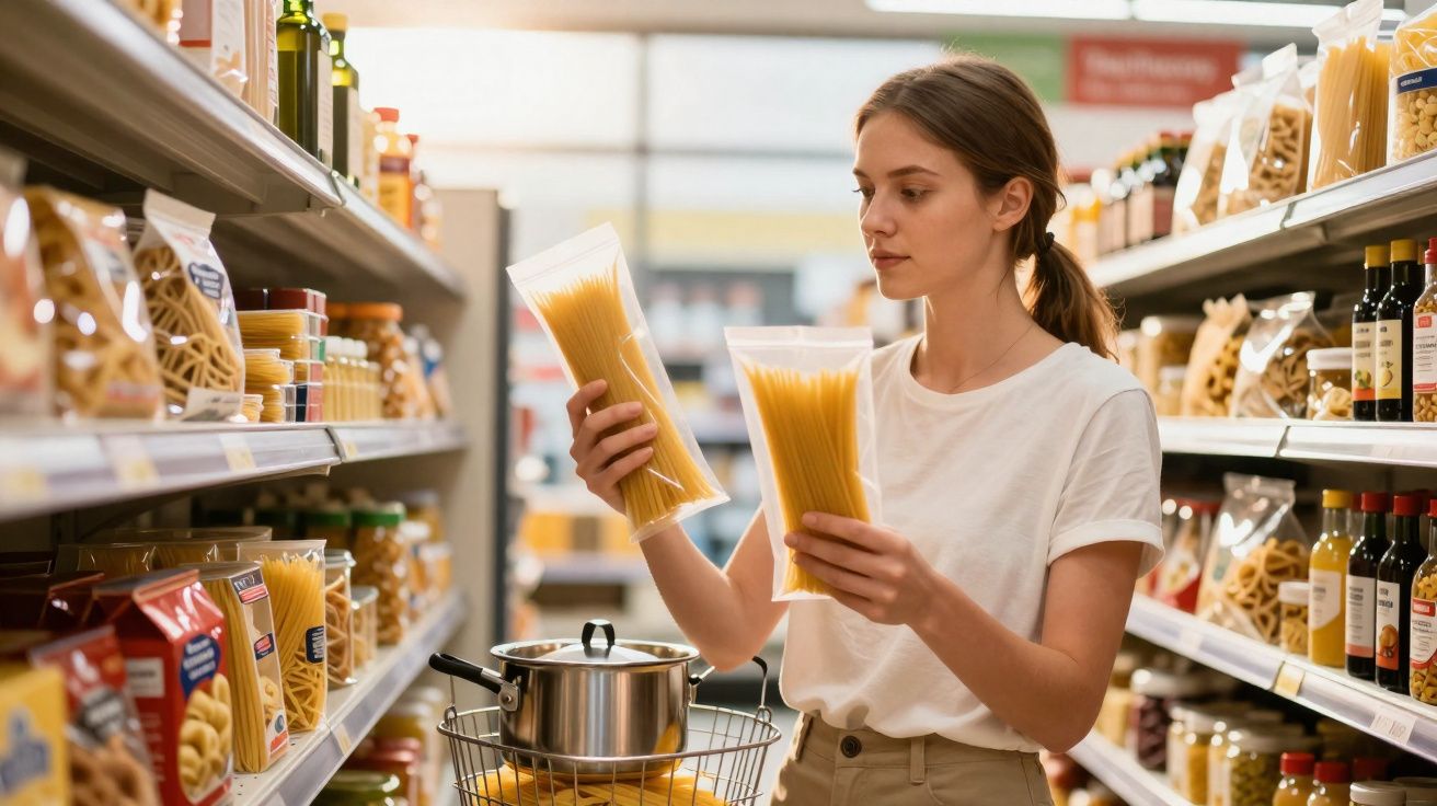 Mulher em supermercado comparando dois pacotes de massa espaguete em corredor de alimentos.