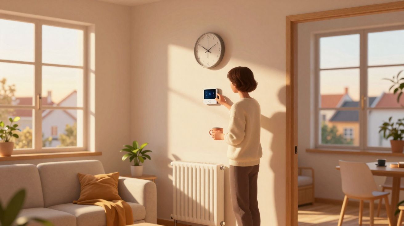 Pessoa ajustando termostato digital em sala de estar com luz natural e decoração aconchegante.