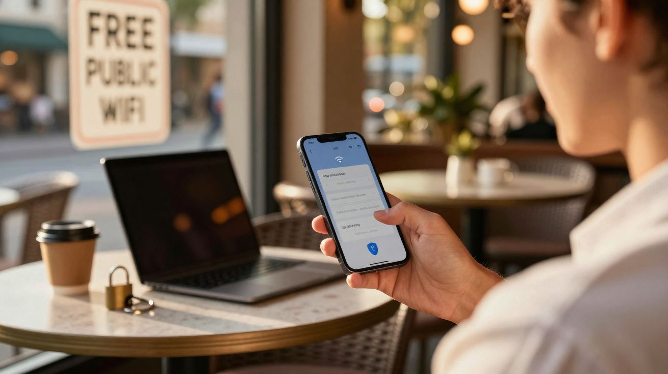Pessoa conectando smartphone a rede Wi-Fi pública gratuita em café com laptop e café na mesa.