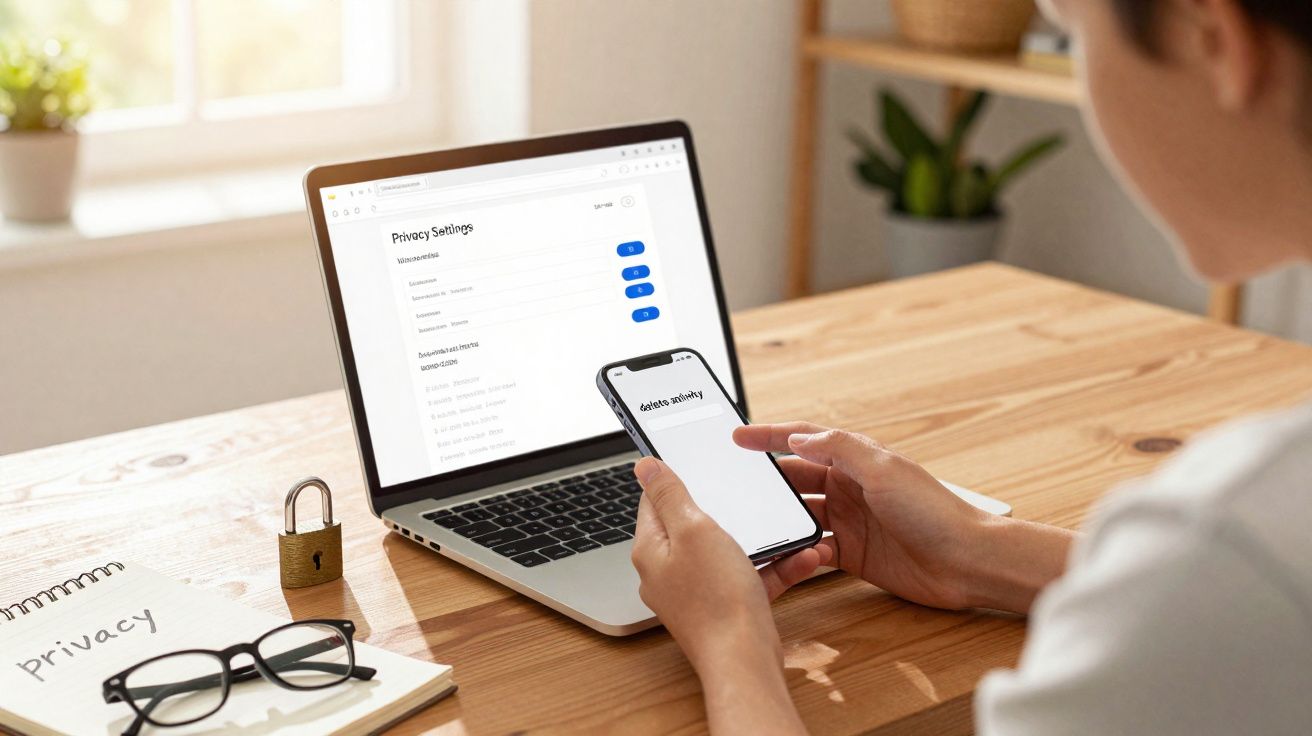 Pessoa usando celular e notebook com configurações de privacidade na tela, em mesa de madeira clara.