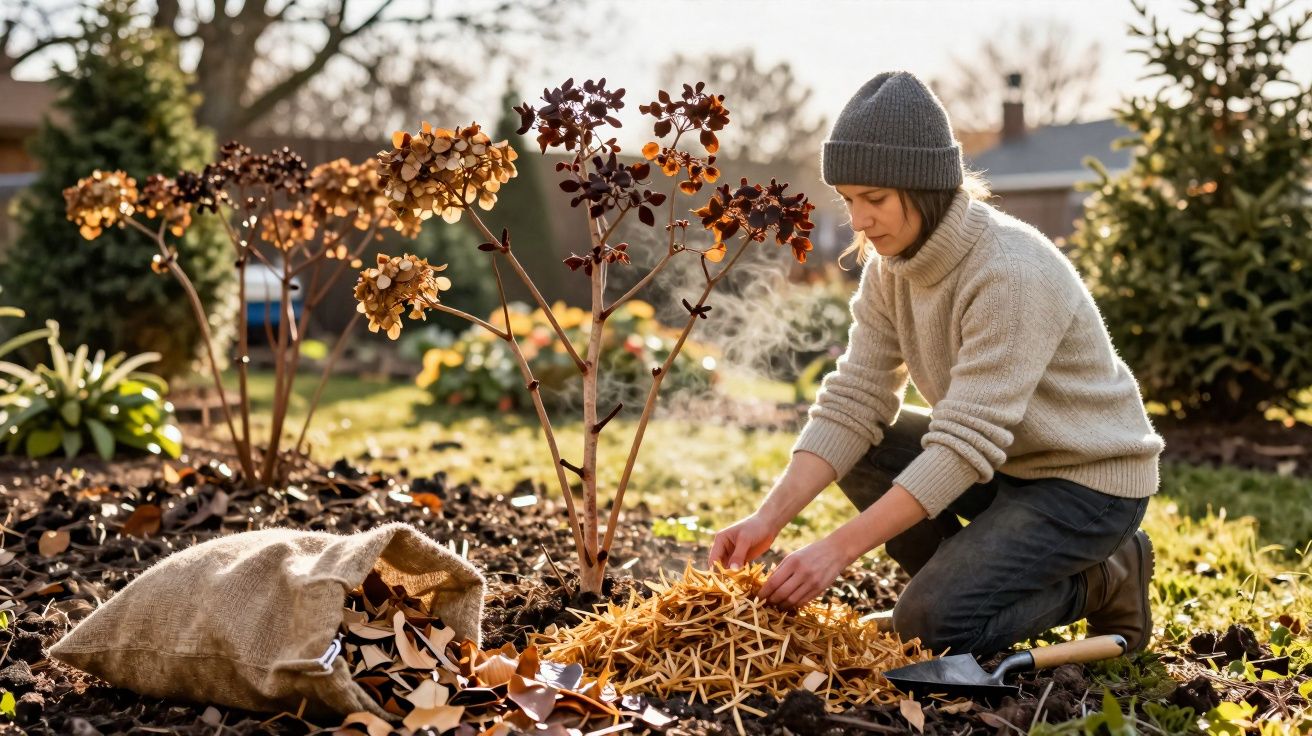 Pessoa com gorro e suéter cinza espalha palha em plantações secas durante dia ensolarado no jardim.