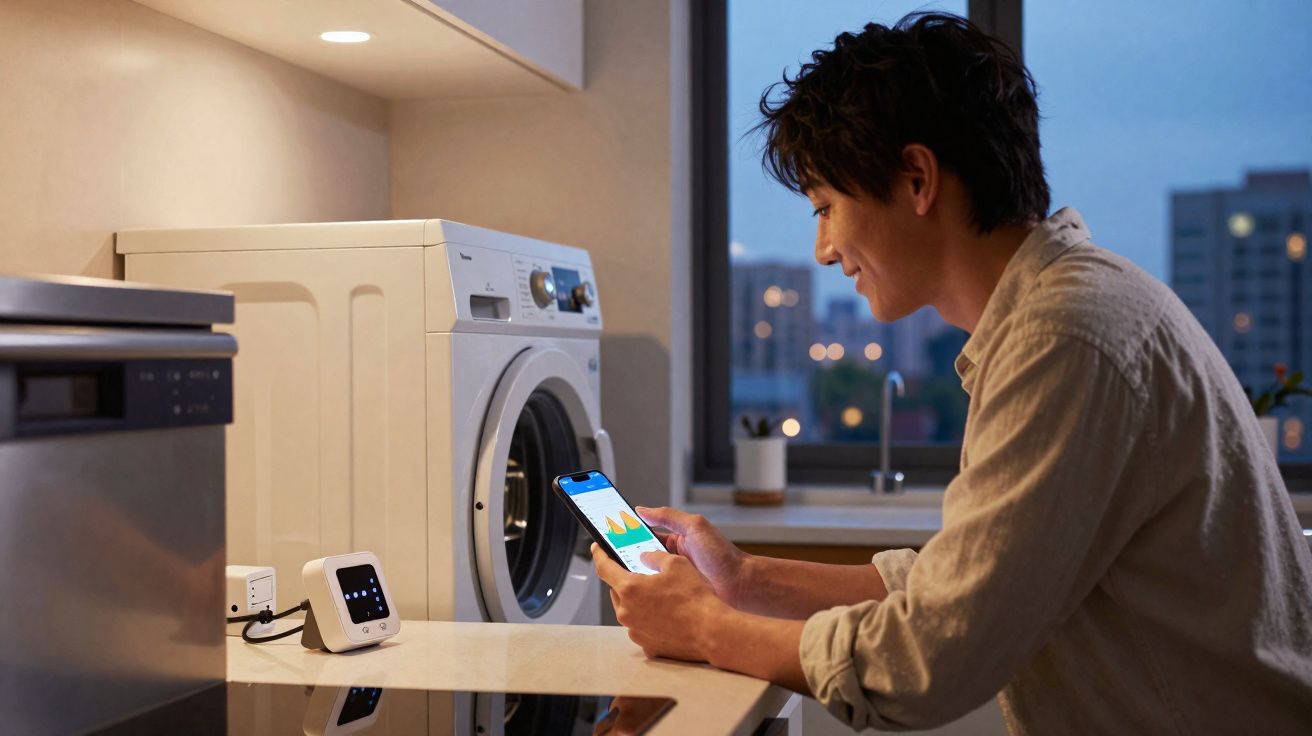 Homem usando celular conectado a aparelho eletrônico em cozinha moderna ao anoitecer.