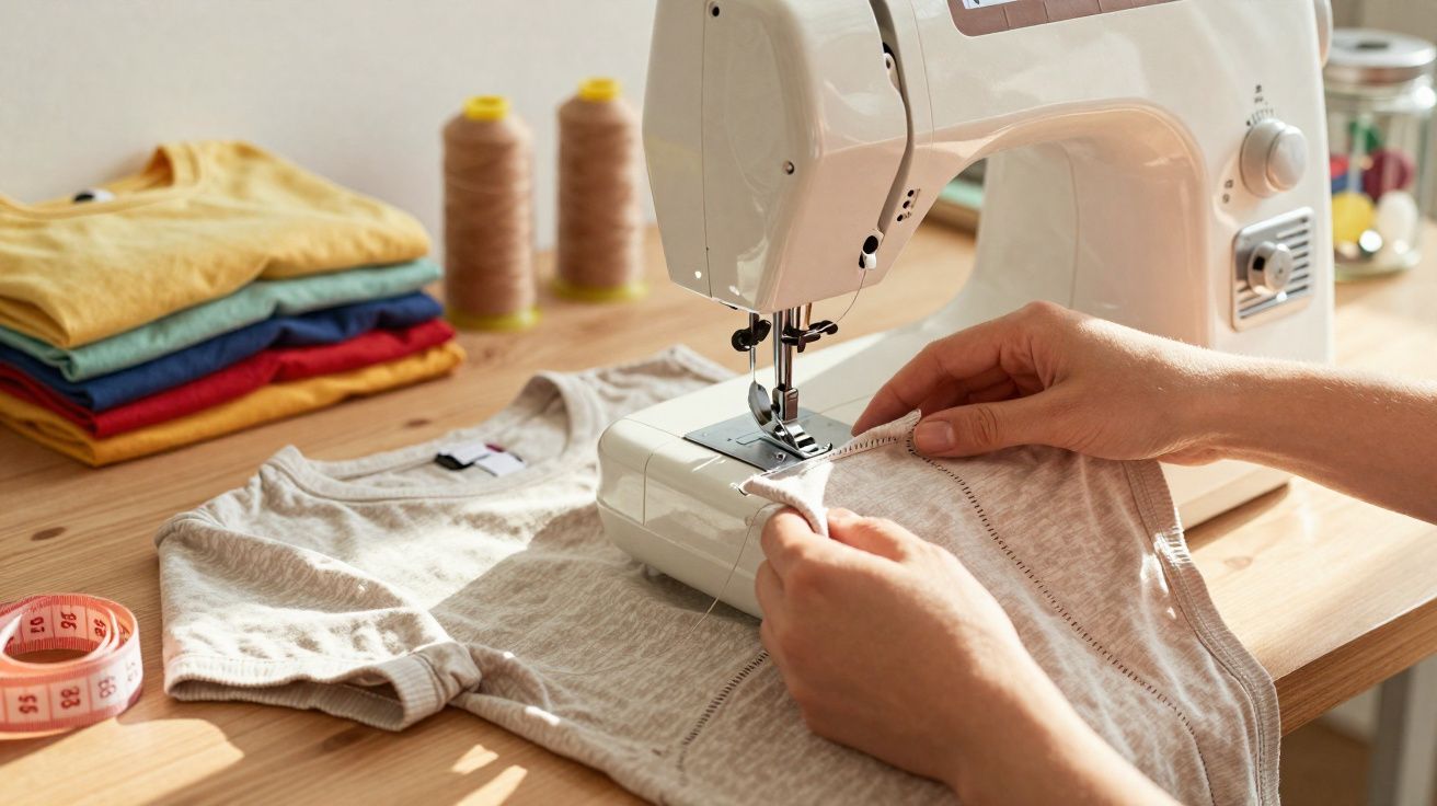 Pessoa costurando uma camiseta bege em máquina de costura com tecidos coloridos ao fundo sobre mesa de madeira.