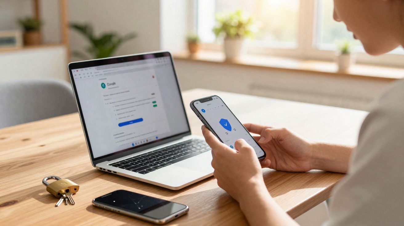 Pessoa usando autenticação de dois fatores em celular com laptop aberto sobre mesa de madeira.
