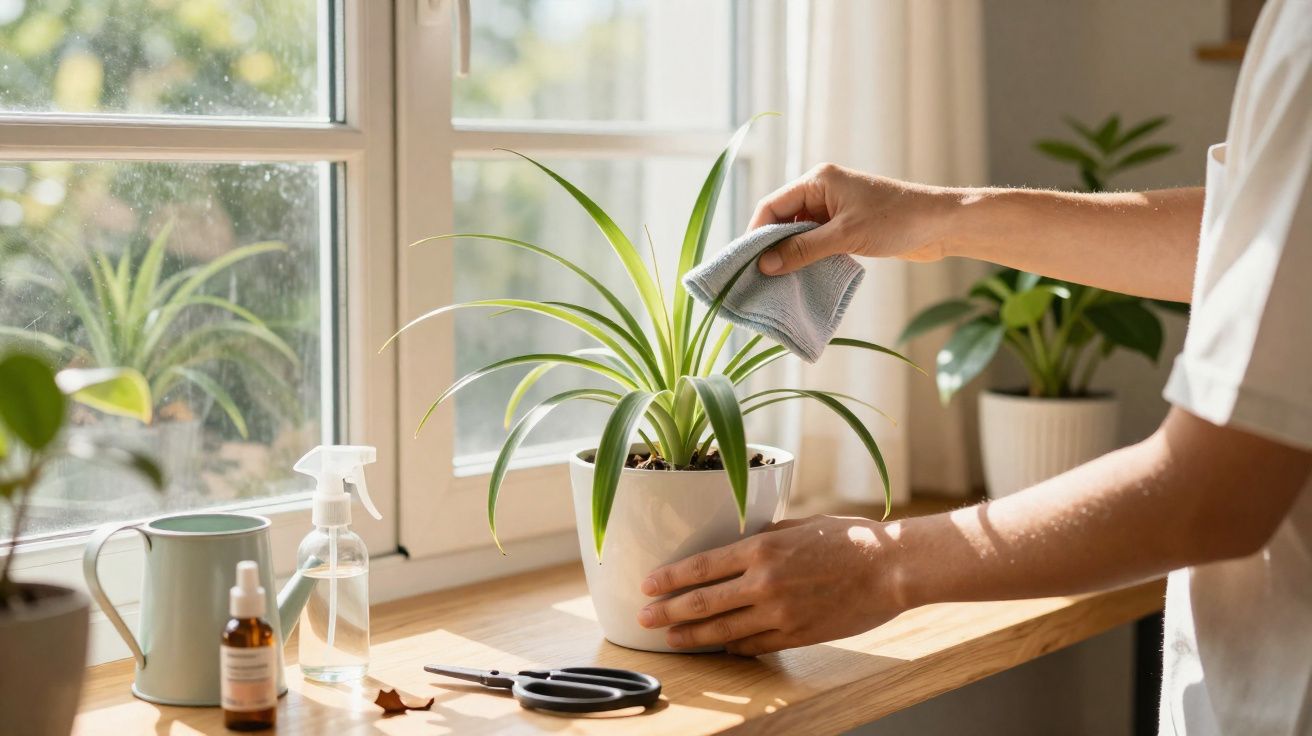Pessoa limpando uma planta verde em vaso branco em um parapeito de janela iluminado pelo sol.