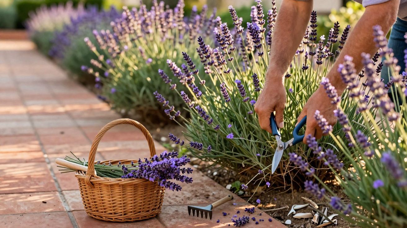 Pessoa colhendo flores roxas de lavanda com tesoura em jardim, cesta de vime ao lado no chão.