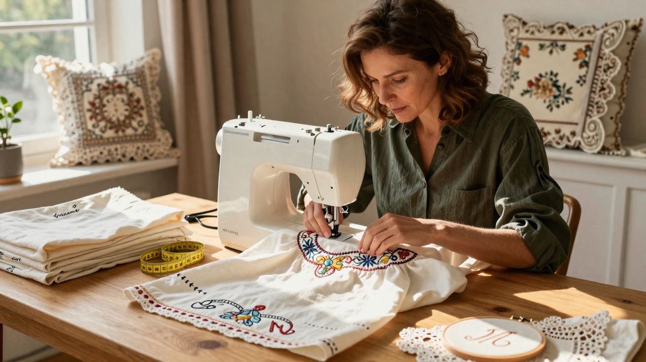 Mulher bordando roupa branca com máquina de costura em ambiente iluminado e decorado.