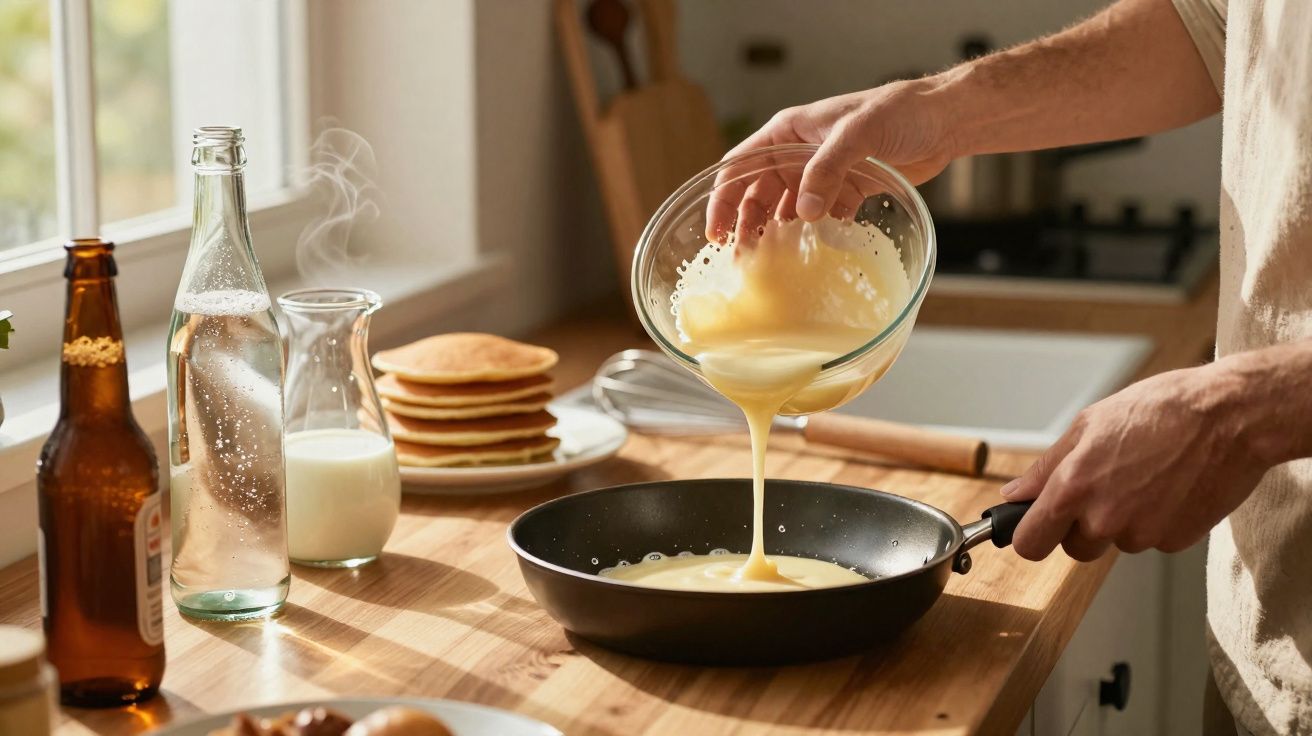 Mãos despejando massa de panqueca em frigideira na cozinha, com pilha de panquecas e ingredientes ao fundo.