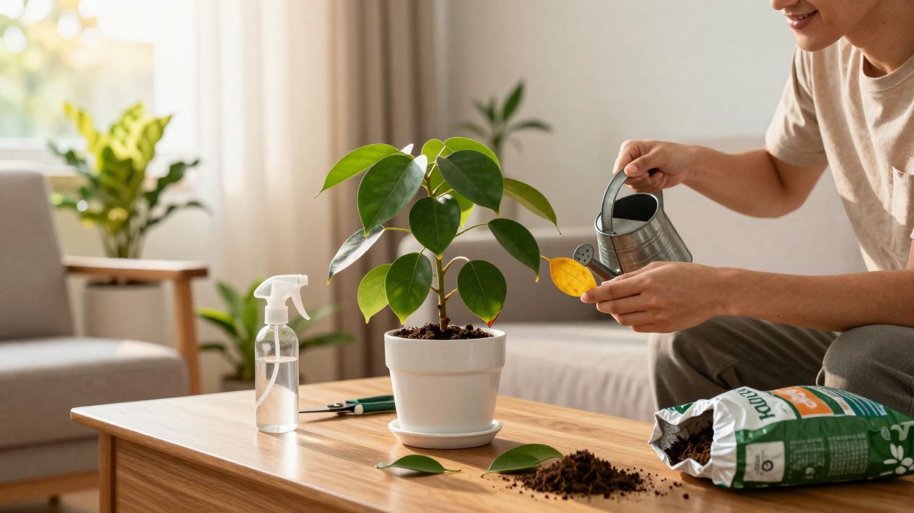 Pessoa regando planta em vaso branco sobre mesa de madeira em sala iluminada e decorada.
