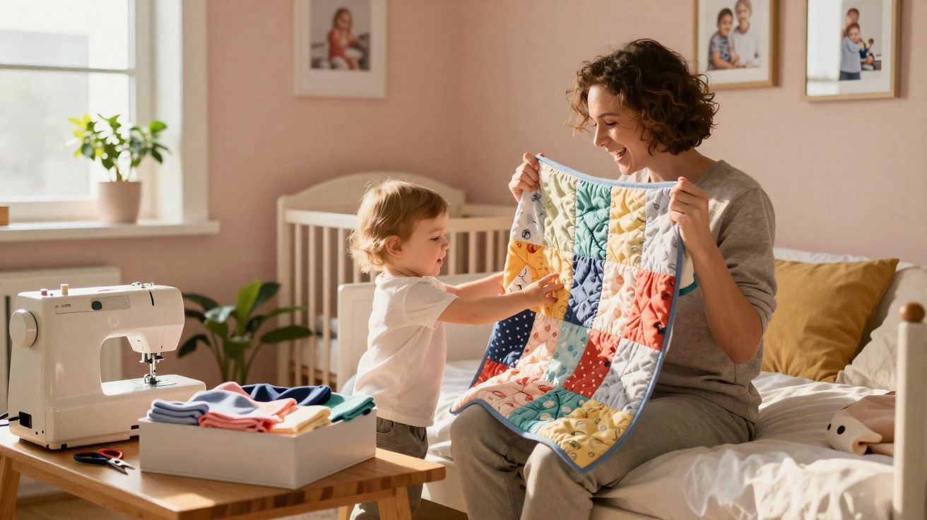 Mãe e filho em quarto iluminado, mostrando juntos colcha colorida feita à mão.