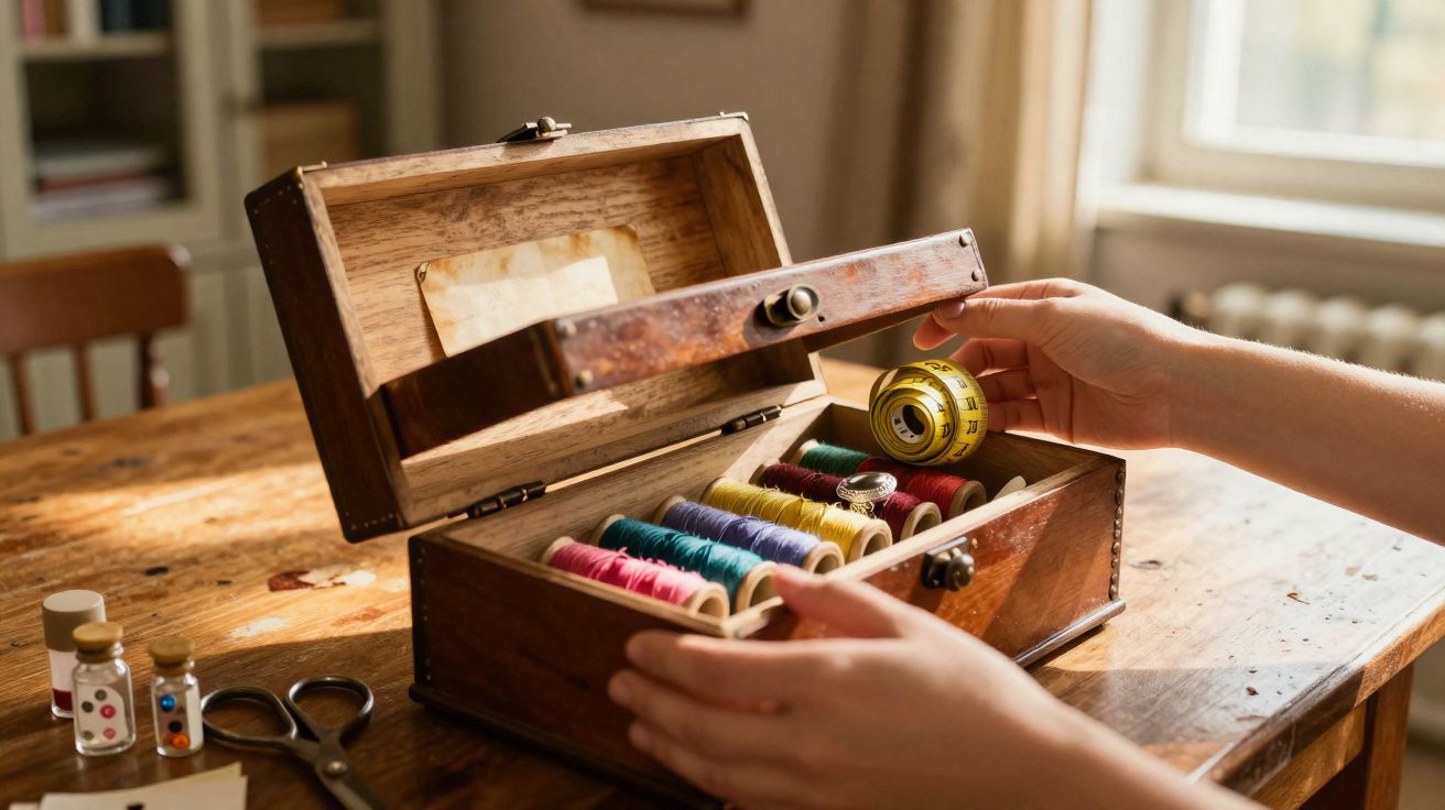 Caixa de madeira com linhas coloridas e fita métrica amarela sobre mesa de madeira, mãos manuseando a caixa.