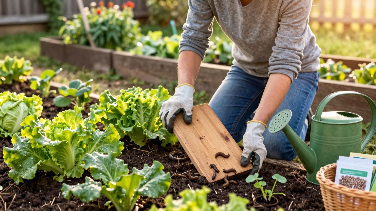 Pessoa usando luvas liberando minhocas em canteiro de verduras em horta caseira com regador ao lado.
