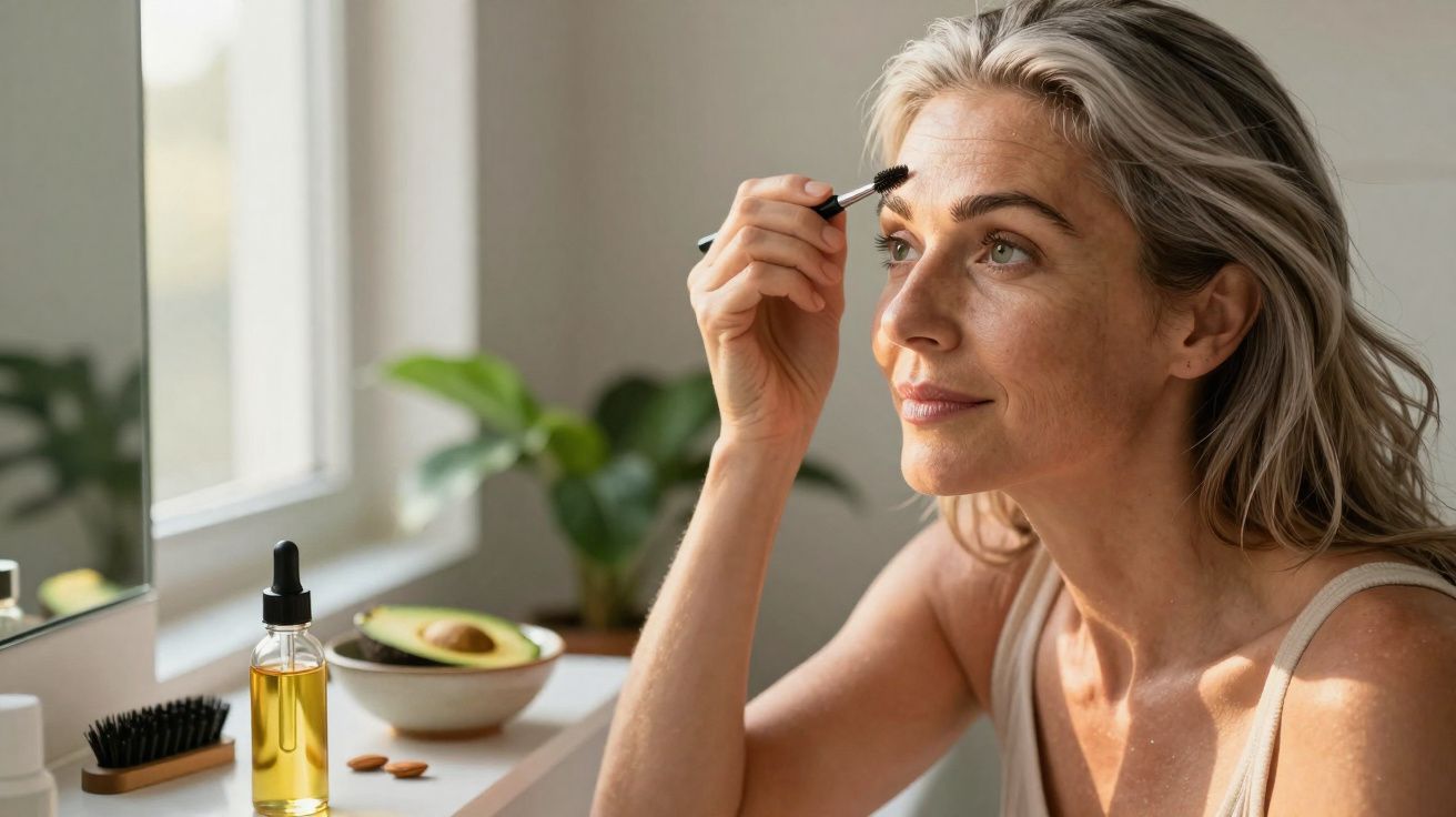 Mulher loira aplicando maquiagem nas sobrancelhas sentada à frente de espelho em banheiro iluminado.