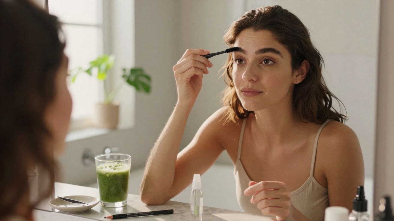 Mulher aplicando maquiagem nos olhos em frente ao espelho com copo de suco verde na bancada.