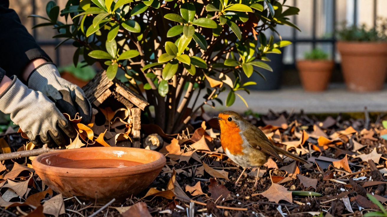 Pássaro com peito laranja em jardim com folhas secas e pratos de barro enquanto pessoa usa luvas cuida da planta.