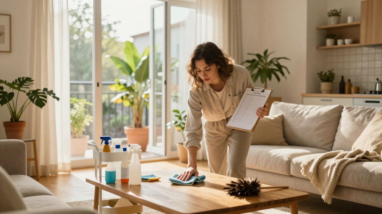 Mulher limpando a mesa da sala com pano, segurando uma prancheta, ambiente com sofá e plantas.
