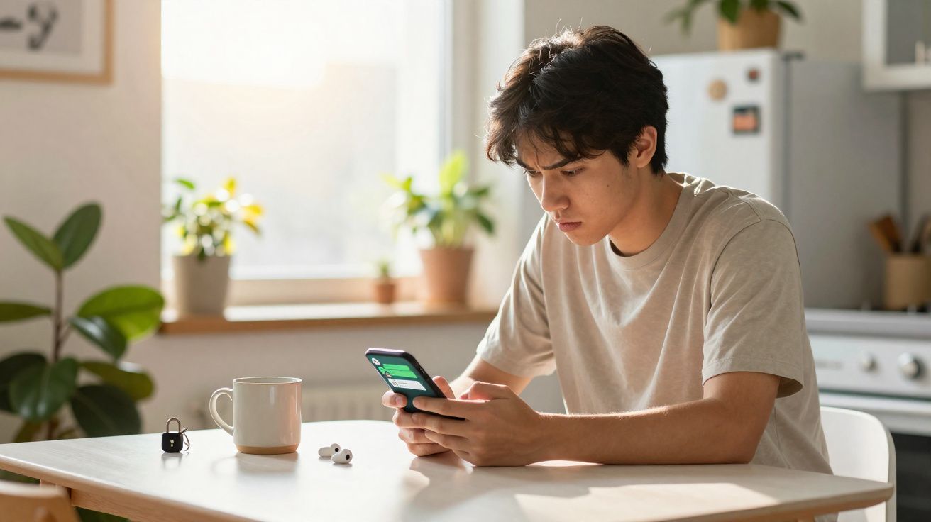 Jovem sentado à mesa na cozinha usando celular, com fones de ouvido e caneca sobre a mesa.