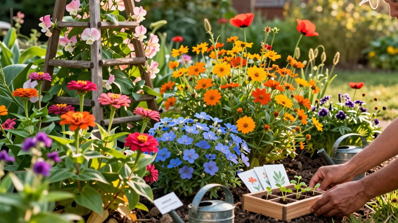 Pessoa cuidando de mudas em jardim colorido com flores em vasos e regadores metálicos.