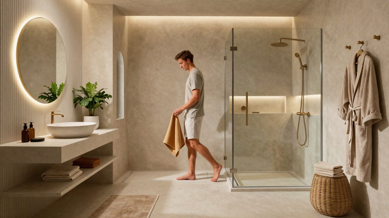 Banheiro moderno em tons neutros com homem segurando toalha próximo ao box de vidro da ducha.