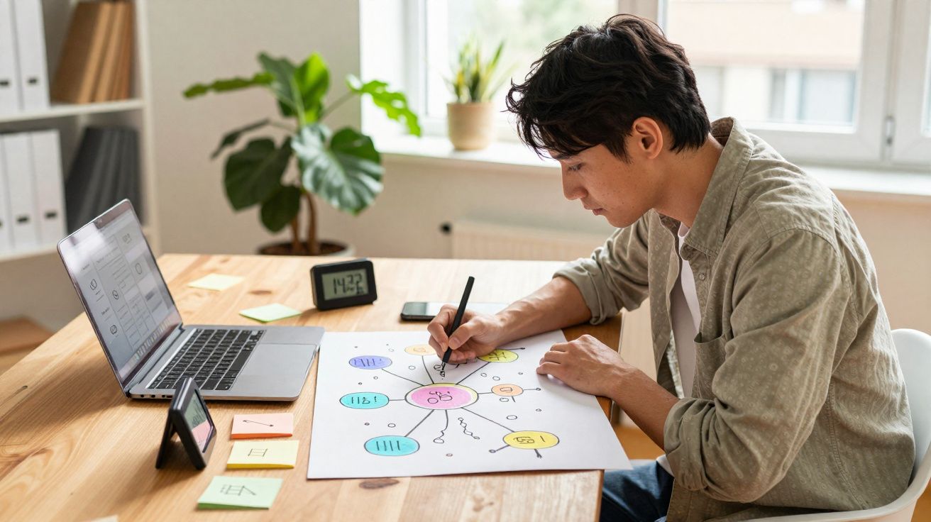 Jovem sentado à mesa escrevendo em um papel com mapa mental e laptop aberto à frente.