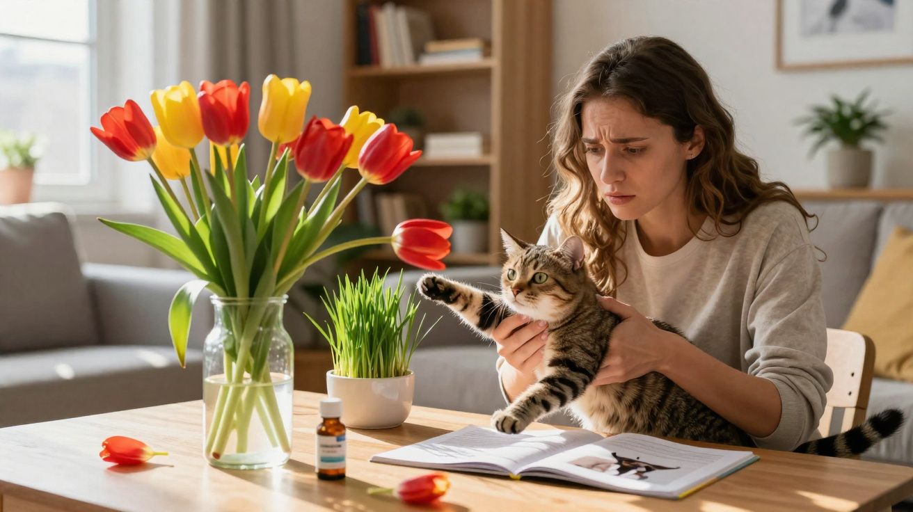 Mulher preocupada segurando gato que estende pata sobre livro aberto em sala iluminada.
