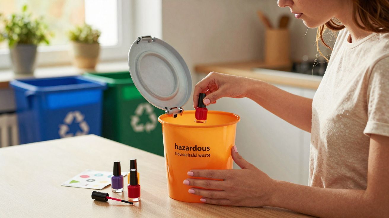 Mulher descartando esmalte no lixo perigoso laranja, com lixeiras de reciclagem ao fundo em cozinha.