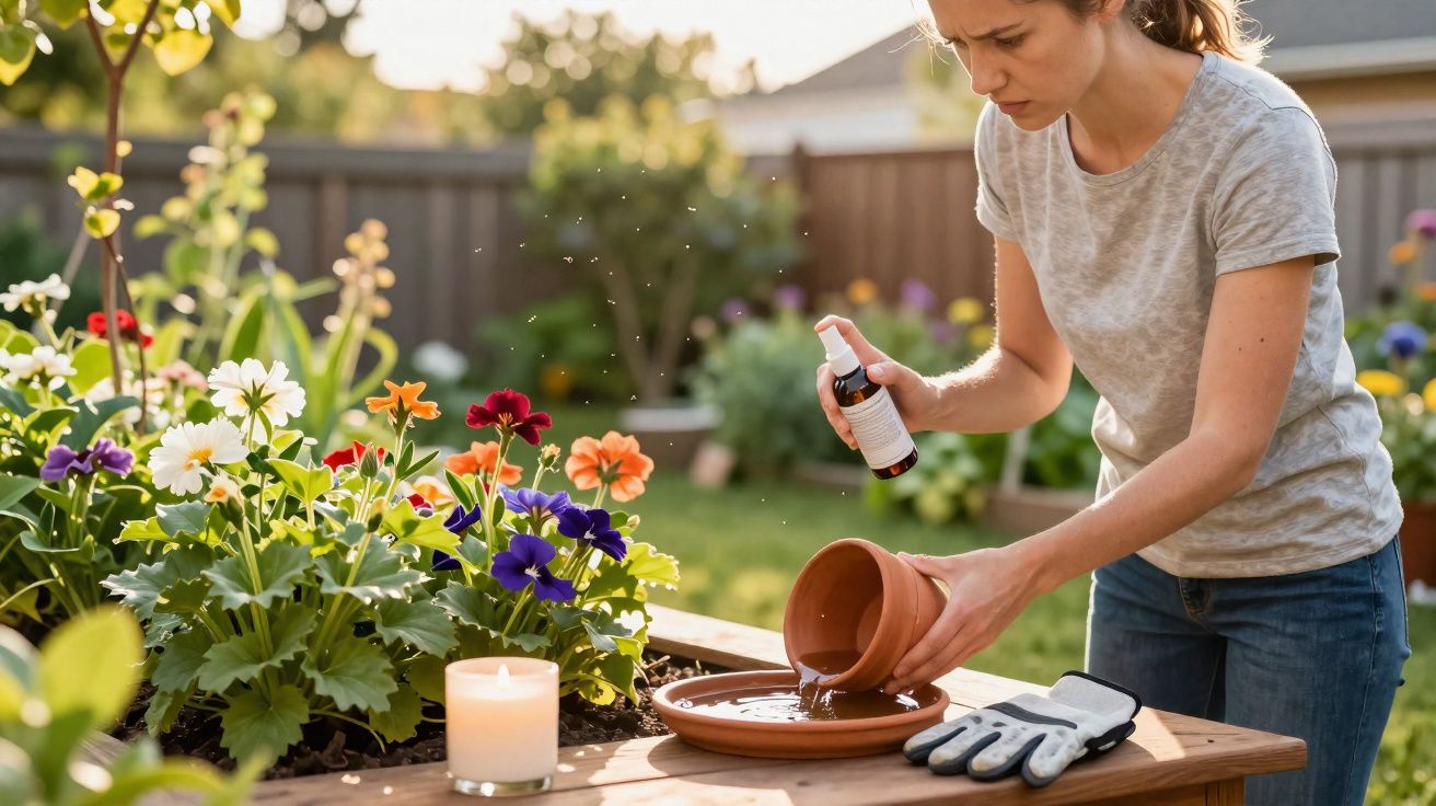 Mulher regando plantas com borrifador em jardim ao ar livre durante o dia, ao lado de vela acesa.