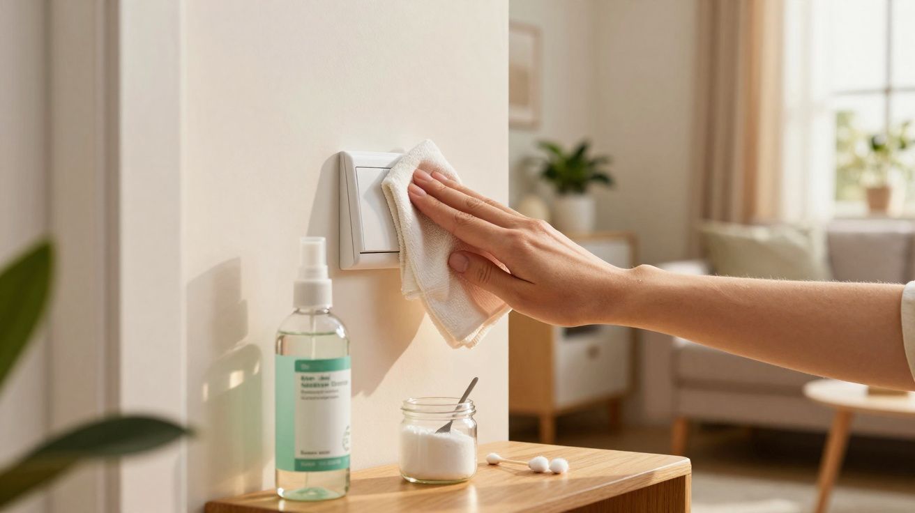 Mão limpando interruptor de luz com pano branco ao lado de frasco de álcool em gel e cotonetes em mesa.