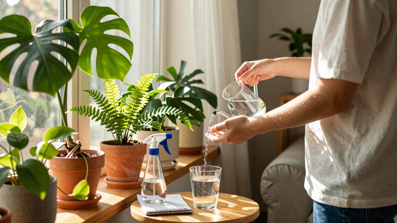 Pessoa regando plantas em vasos com regador de vidro em ambiente iluminado pela luz natural.
