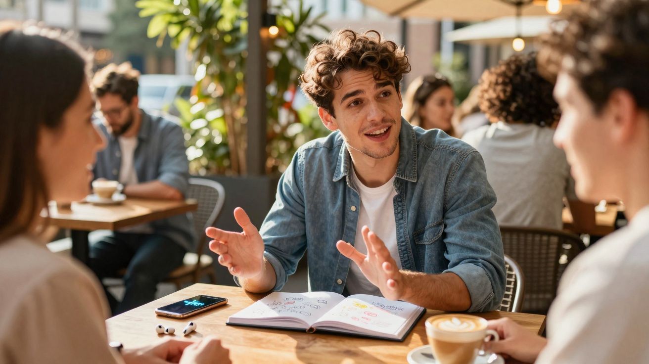 Jovem explicando ideias em caderno enquanto conversa em café com amigos, com café e celular na mesa.