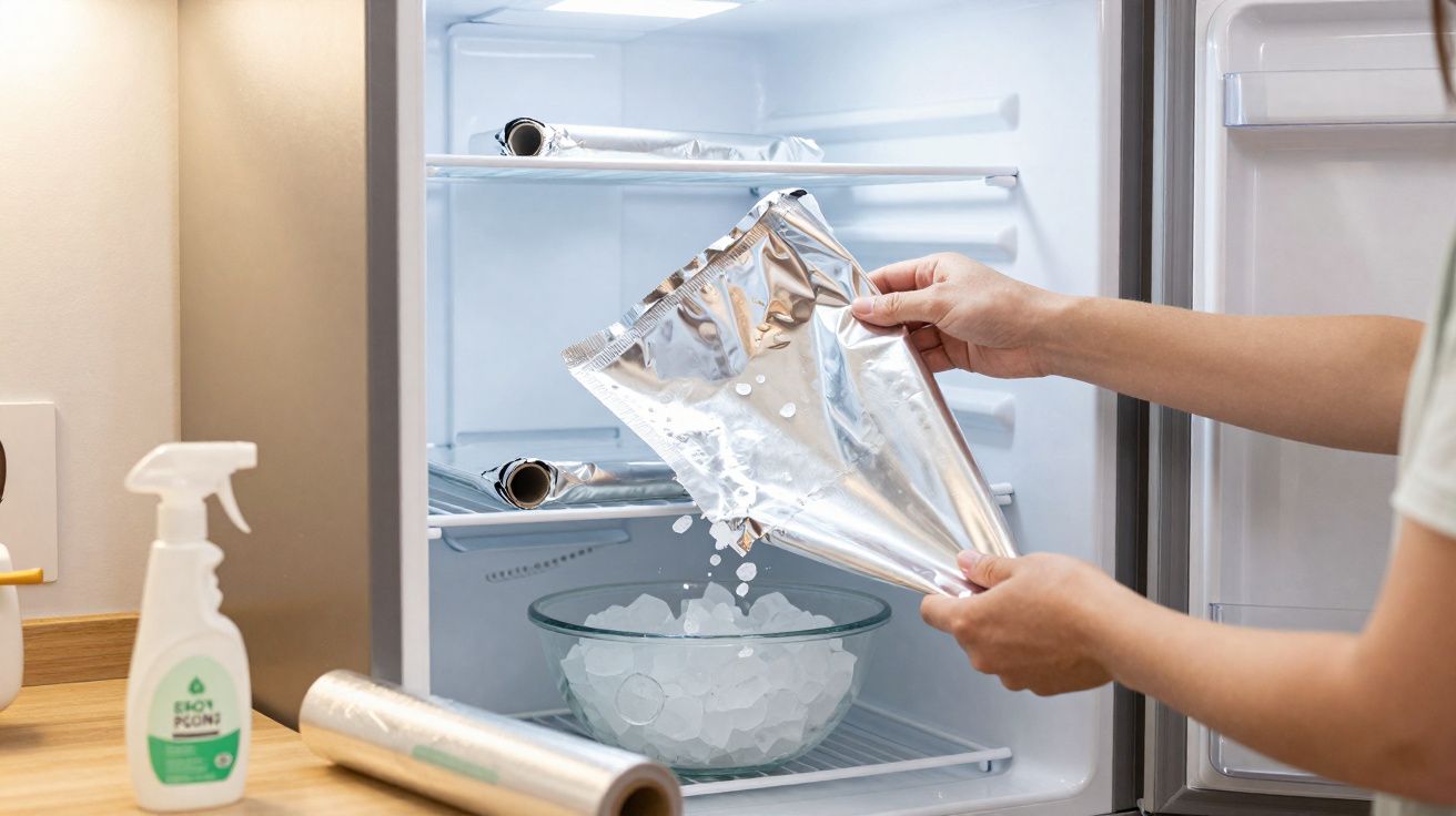Pessoa despejando cubos de gelo em uma tigela dentro de um freezer doméstico branco aberto.