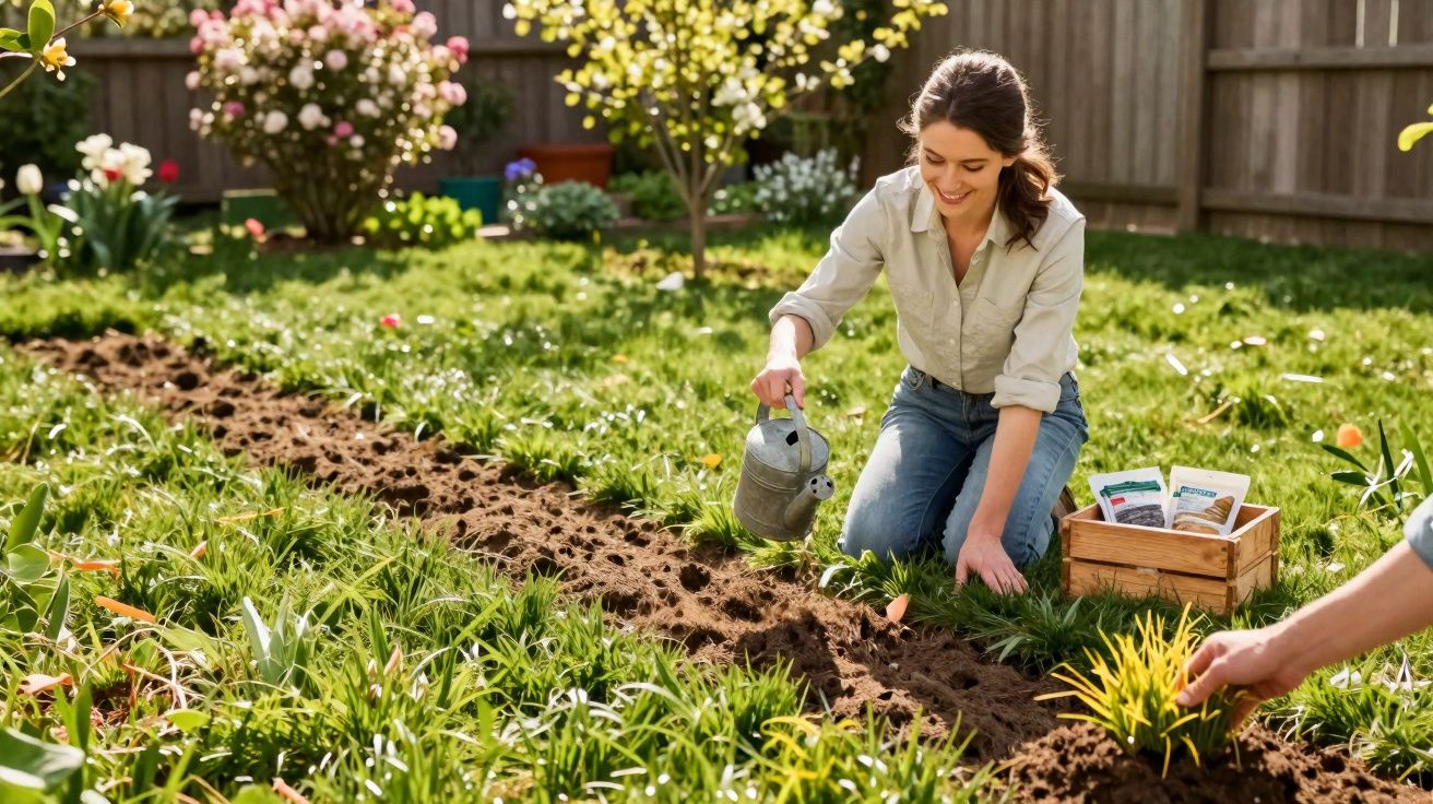 Mulher regando plantas no jardim em área gramada com árvores floridas ao fundo.