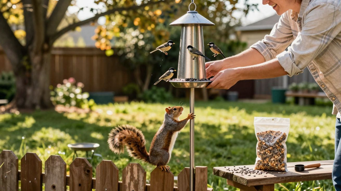 Pessoa alimenta pássaros em comedouro enquanto esquilo observa em cerca de madeira no jardim ensolarado.