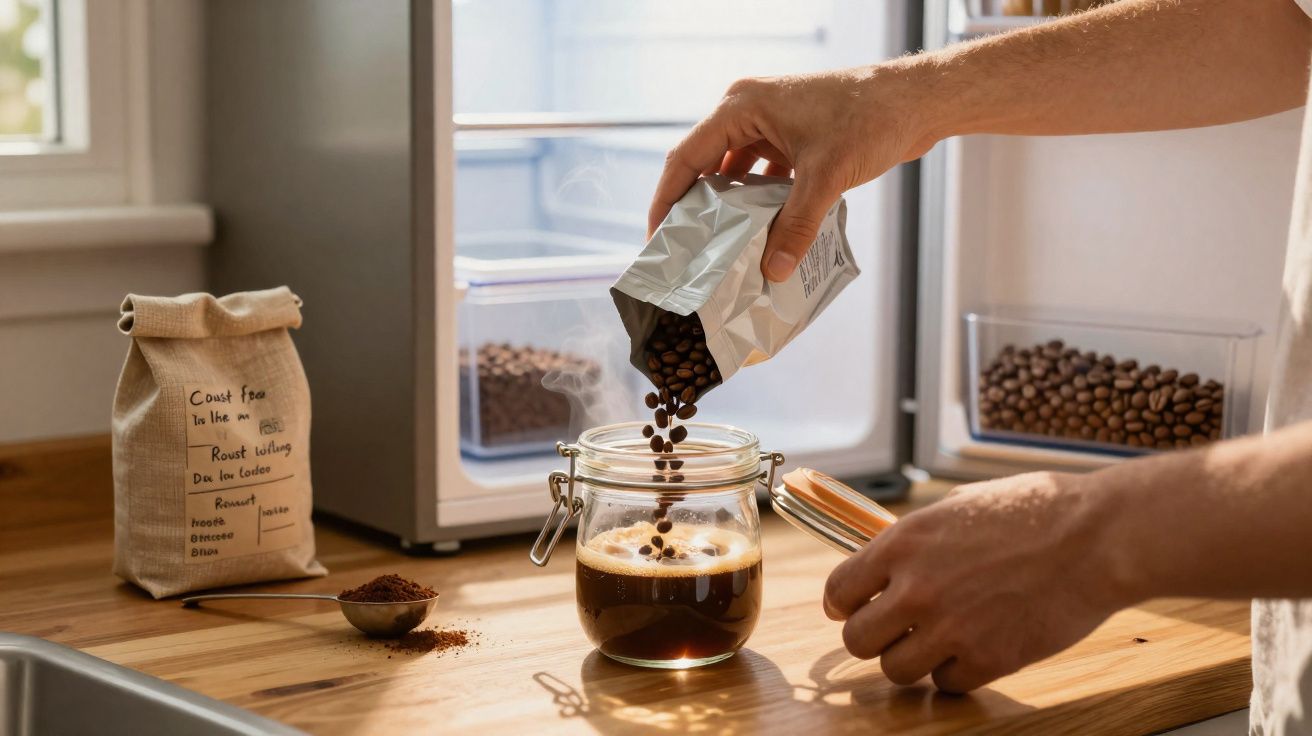 Pessoa despejando grãos de café em recipiente de vidro com café coado sobre bancada de cozinha iluminada.