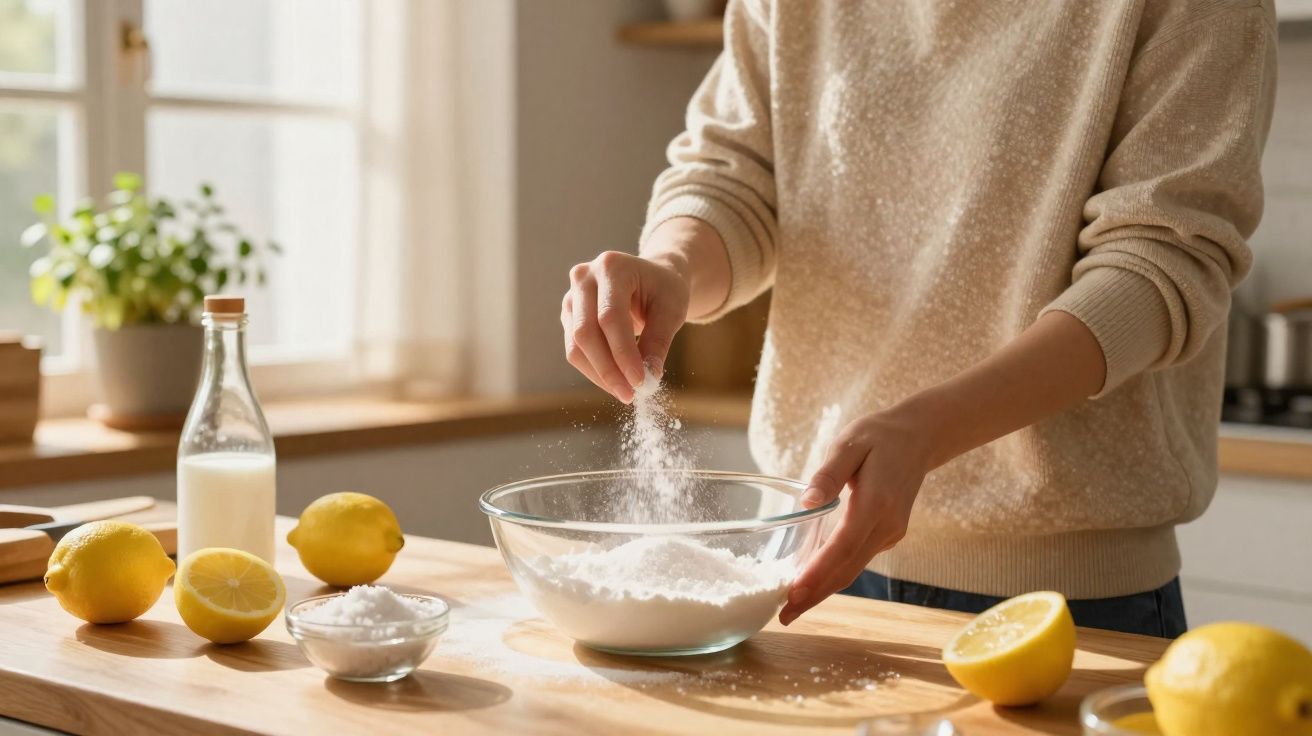 Pessoa misturando ingredientes em uma tigela de vidro em uma cozinha com limões e leite sobre a mesa.
