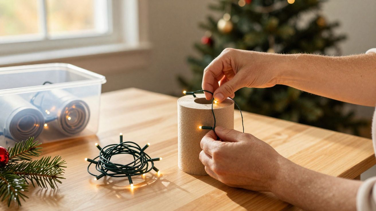 Mãos decorando rolo de papel higiênico com luzes de natal, árvore desfocada ao fundo.