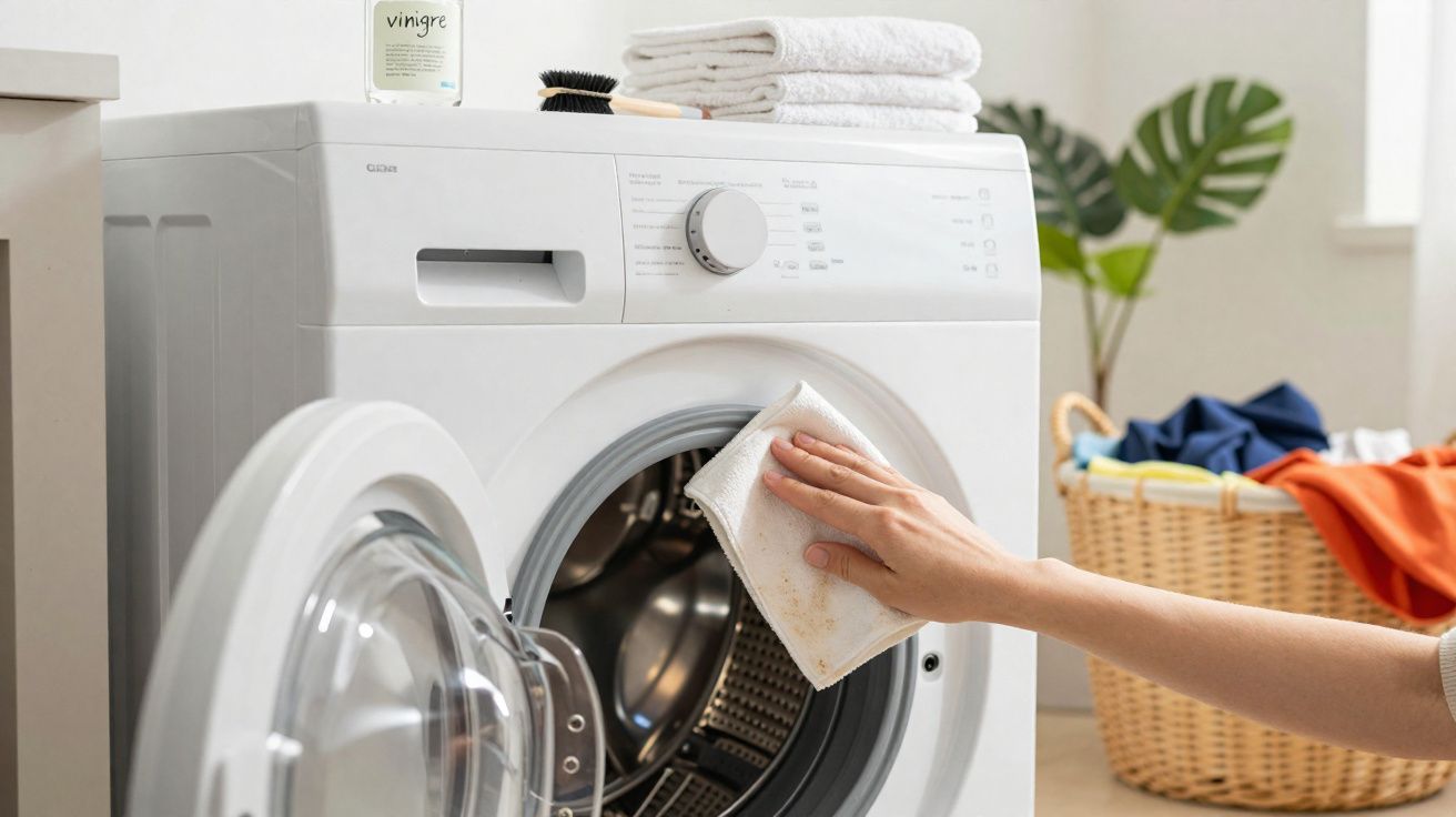 Pessoa limpando o interior da máquina de lavar roupa branca com pano branco.